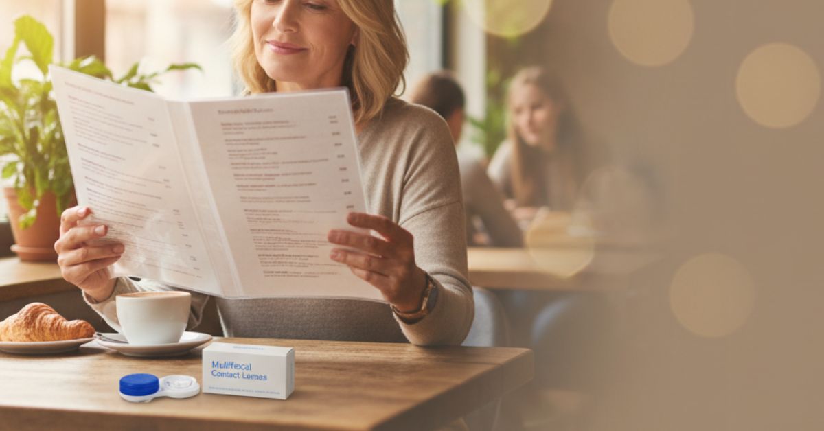 Buy Discount Contact Lenses Online 12 Person reading menu comfortably with multifocal contact lenses for reading instead of reading glasses